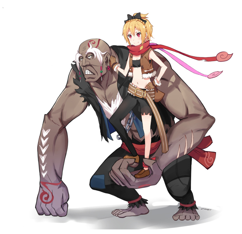 1boy, 1girl, bald, barefoot, belt, blonde_hair, bow, brown_gloves