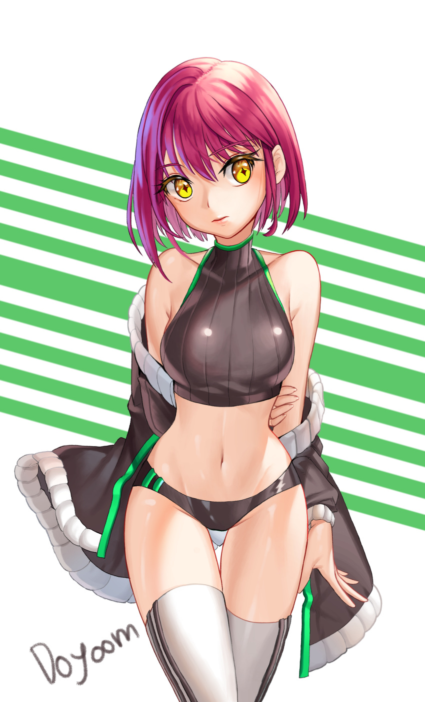 1girl, absurdres, artist_name, bangs, bare_shoulders, black_shorts, bob_cut, breasts