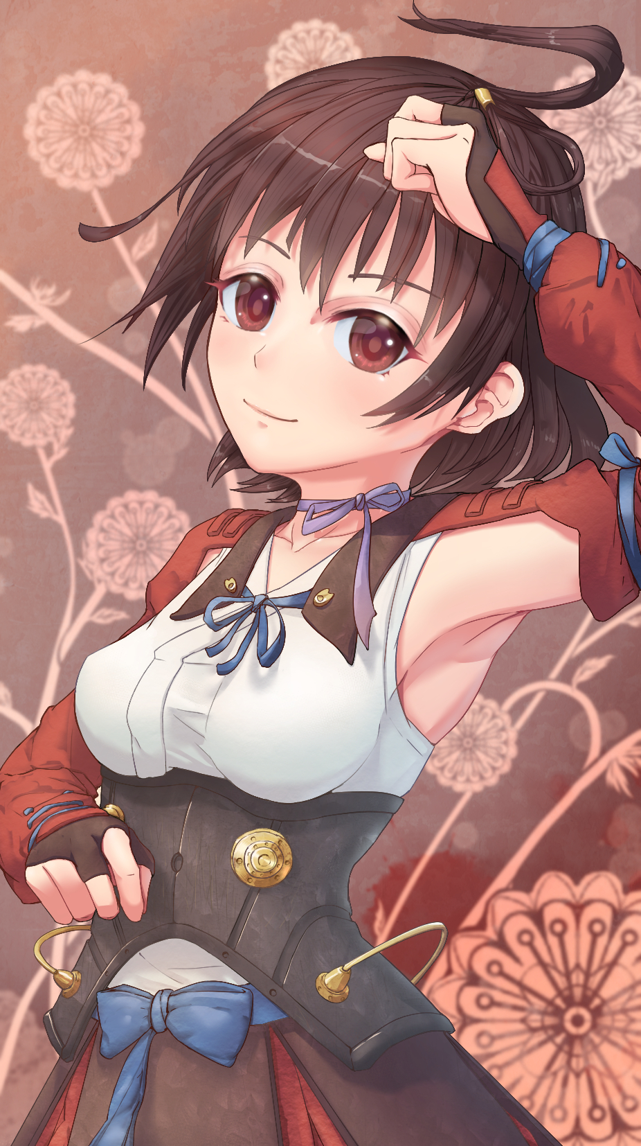 1girl, ahoge, arm_up, armpits, blue_bow, blue_ribbon, bow, breasts