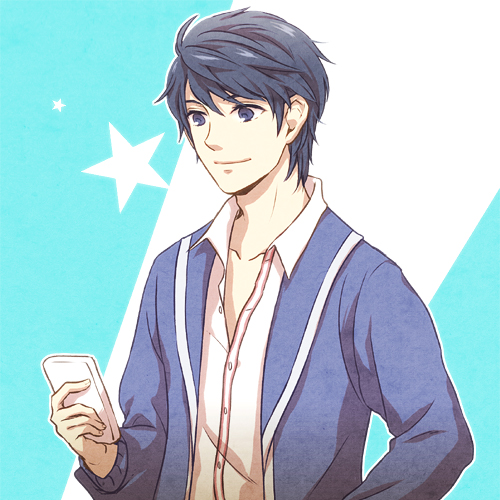 1boy, aoi_itsuki, blue_eyes, blue_hair, gen'ei_ibunroku_sharp_fe, lowres, phone, solo