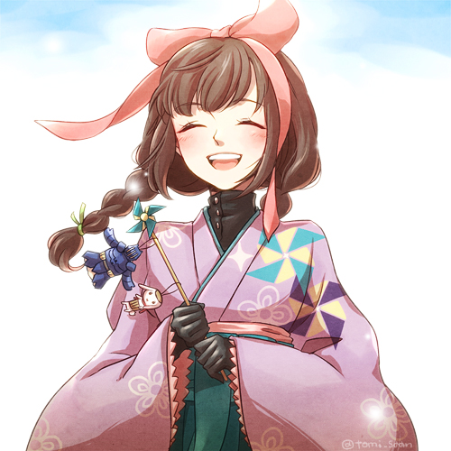 1girl, artist_name, bangs, blush, bow, braid, brown_hair, closed_eyes