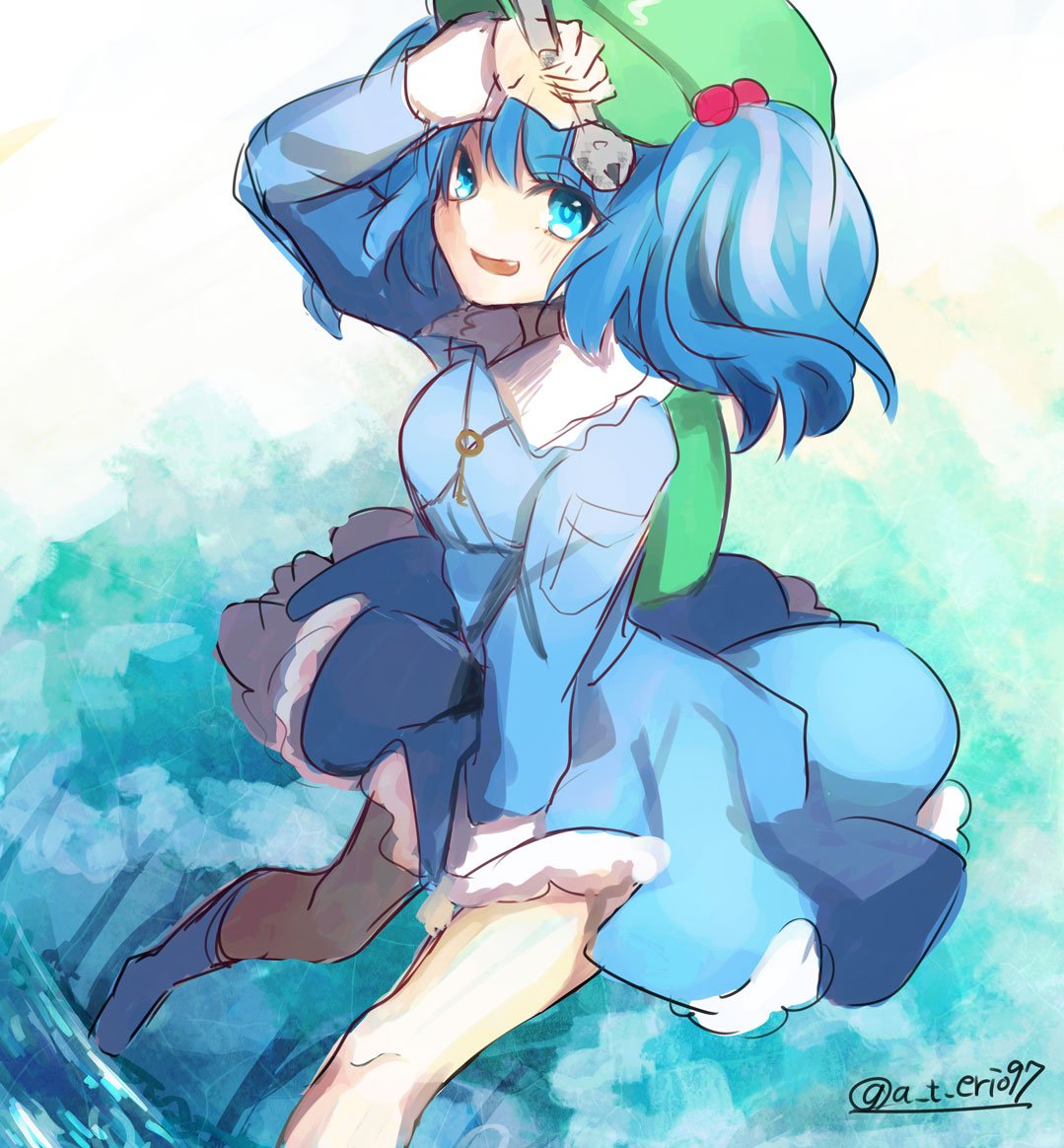 1girl, backpack, bag, blue_eyes, blue_hair, hair_bobbles, hair_ornament, hat, kawashiro_nitori, key, sayuki_momone, short_hair, sketch, skirt, skirt_set, solo, tokin_hat, touhou, two_side_up