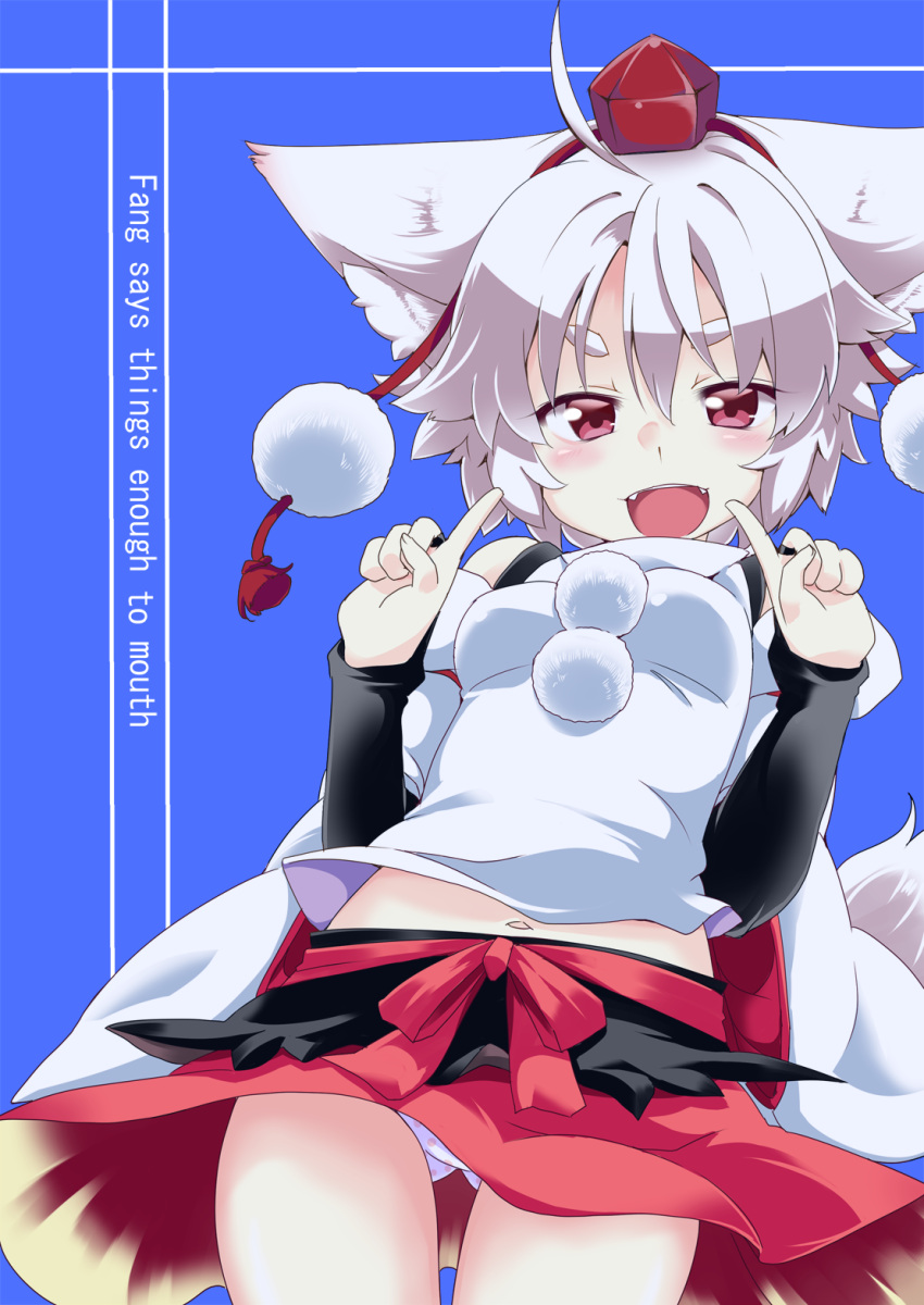 1girl, :d, animal_ears, blue_background, detached_sleeves, dokkoi, engrish, fangs, hat, highres, index_finger_raised, inubashiri_momiji, looking_at_viewer, navel, open_mouth, panties, polka_dot, polka_dot_panties, ranguage, red_eyes, short_hair, smile, solo, tail, tokin_hat, touhou, underwear, white_hair, white_panties, wolf_ears, wolf_tail
