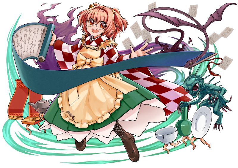 1girl, :d, apron, bell, boots, bowl, checkered_shirt, chupacabra