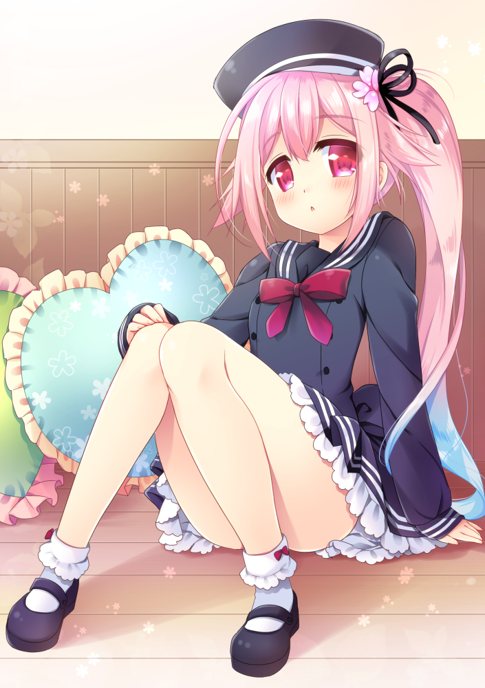 1girl, :o, arm_at_side, black_hat, black_ribbon, black_shoes, blue_hair, blush