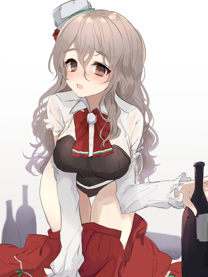 1girl, all_fours, ascot, bottle, breasts, brown_eyes, furumachi_kyuu, grey_hair