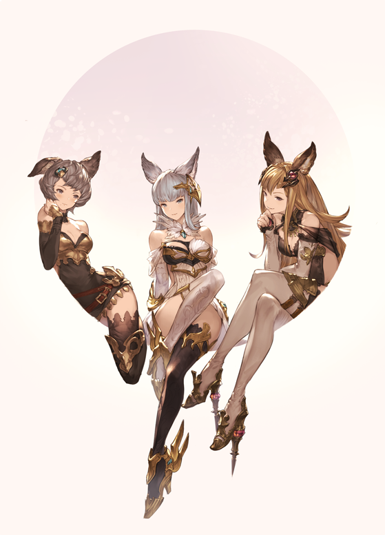 3girls, animal_ears, brown_hair, dress, granblue_fantasy, hair_ornament, high_heels, korwa, long_hair, metella_(granblue_fantasy), multiple_girls, n.a., short_dress, short_hair, sitting, stella_(granblue_fantasy)
