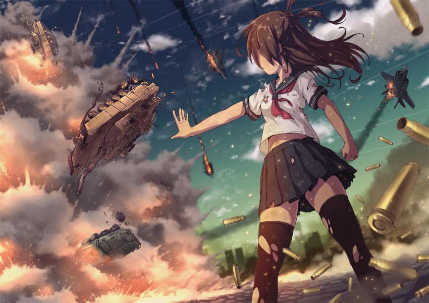 1girl, airplane, aki_(akisora_hiyori), arm_at_side, belly_peek, black_legwear, black_skirt, brown_hair