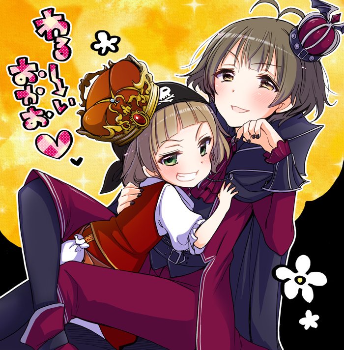 2boys, ahoge, akizuki_ryou, alternate_costume, arm_around_back, bandana, bat_wings, black_nails