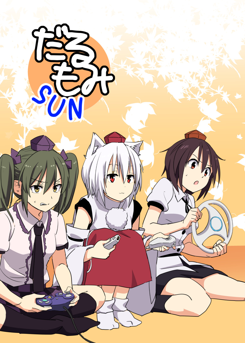 3girls, :3, animal_ears, black_hair, brown_eyes, controller, detached_sleeves, game_controller