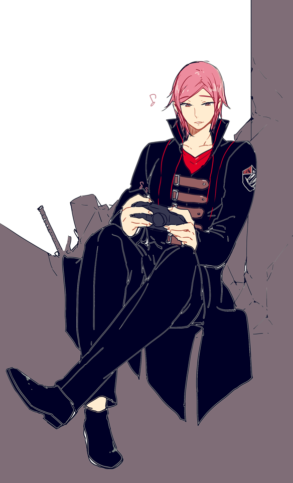 1boy, badge, bangs, black_jacket, black_pants, black_shoes, crack, crossed_ankles