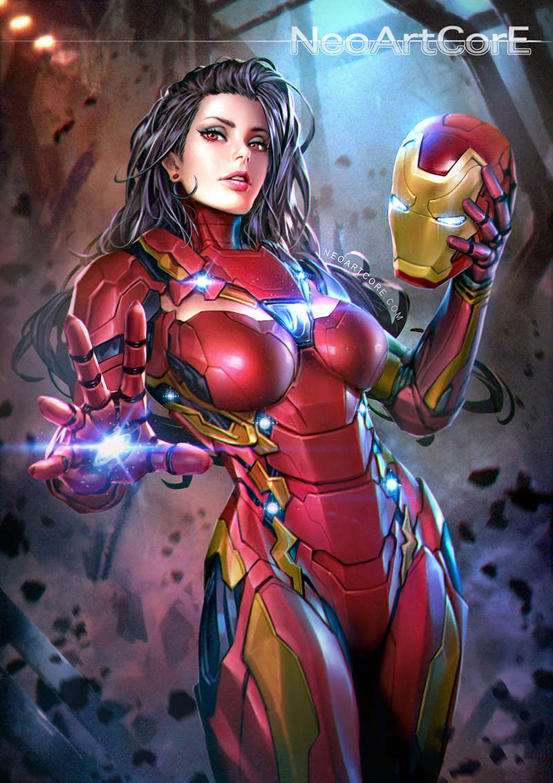 1girl, arc_reactor, arm_cannon, armor, artist_name, avengers, black_hair, breasts, contrapposto, cowboy_shot, debris, destruction, ear_studs, earrings, eyeshadow, foreshortening, genderswap, genderswap_(mtf), glowing, glowing_eyes, hand_up, headwear_removed, helmet, helmet_removed, hips, holding_helmet, iron_man, jewelry, large_breasts, light_rays, lights, lips, lipstick, long_hair, looking_at_viewer, makeup, marvel, neon_trim, nudtawut_thongmai, outstretched_hand, parted_lips, power_suit, red_eyes, rock, serious, solo, standing, watermark, weapon, web_address