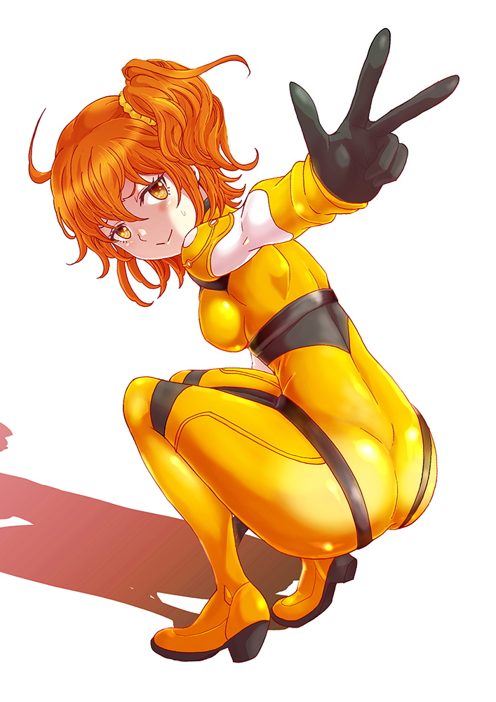 1girl, :>, ahoge, arm_up, ass, asymmetrical_hair, black_gloves, blush