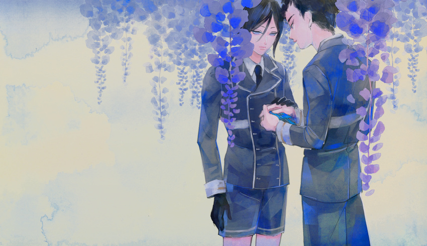 2boys, animal, arms_at_sides, atsushi_toushirou, back, bird, black_gloves, black_hair