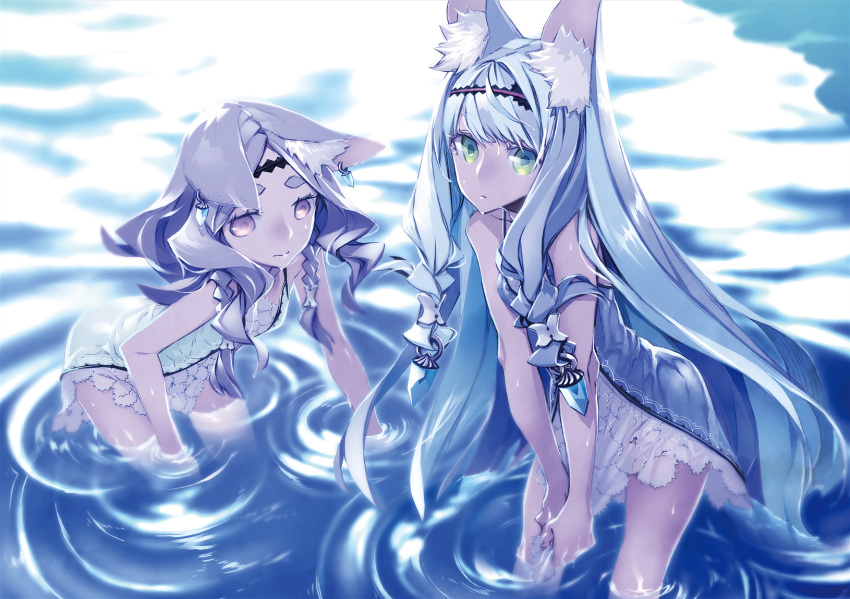 2girls, 7th_dragon_(series), 7th_dragon_iii, animal_ears, artist_request, blue_hair, dress, earrings