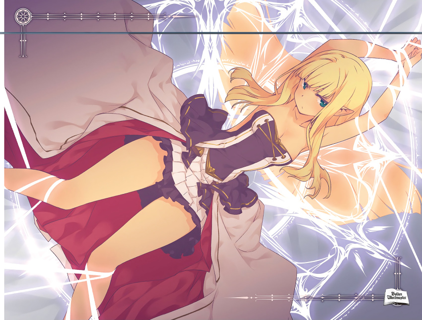 1girl, armpits, bangs, bare_shoulders, blonde_hair, blue_eyes, blunt_bangs, breasts