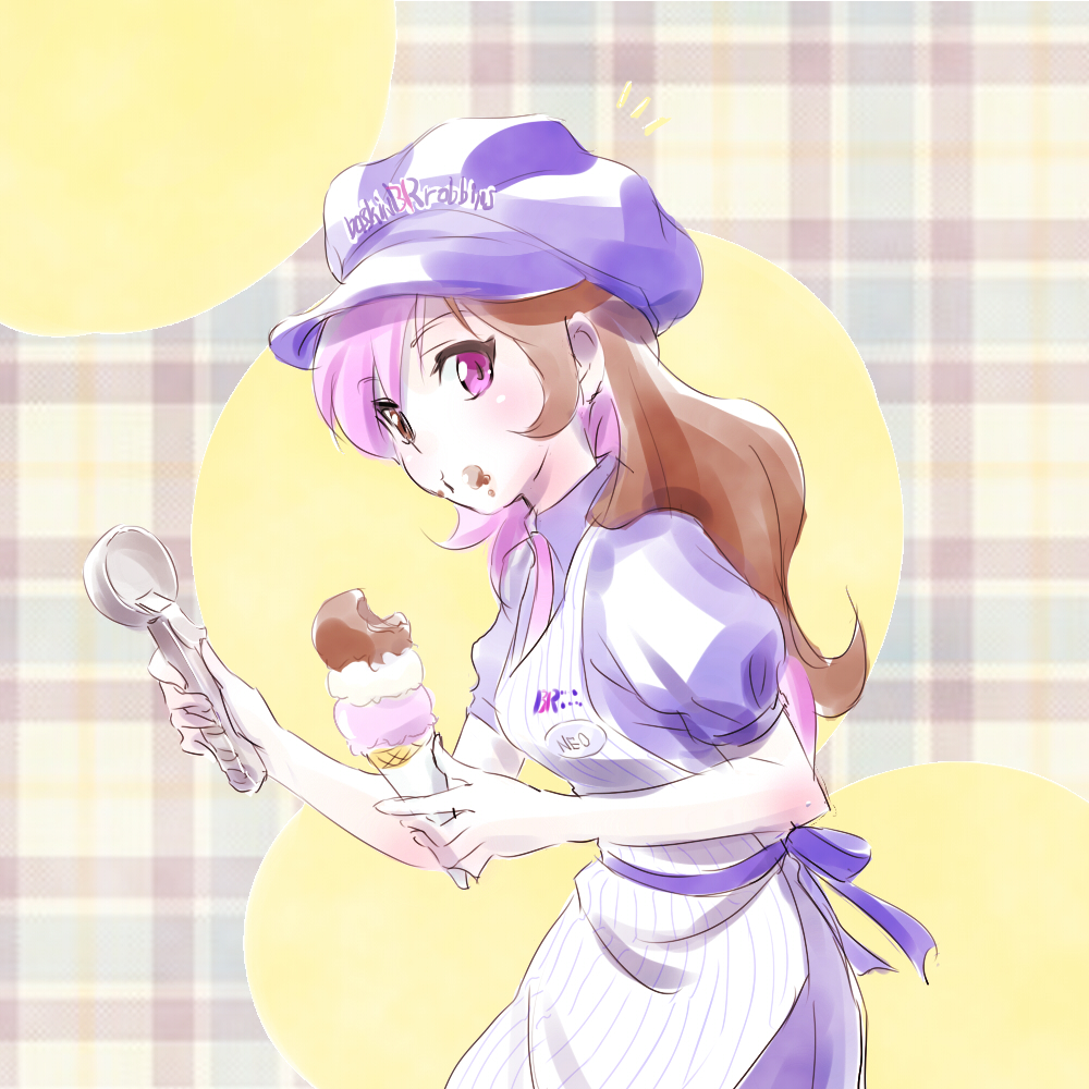 /\/\/\, 1girl, apron, baskin-robbins, brown_eyes, brown_hair, cabbie_hat, chocolate_ice_cream