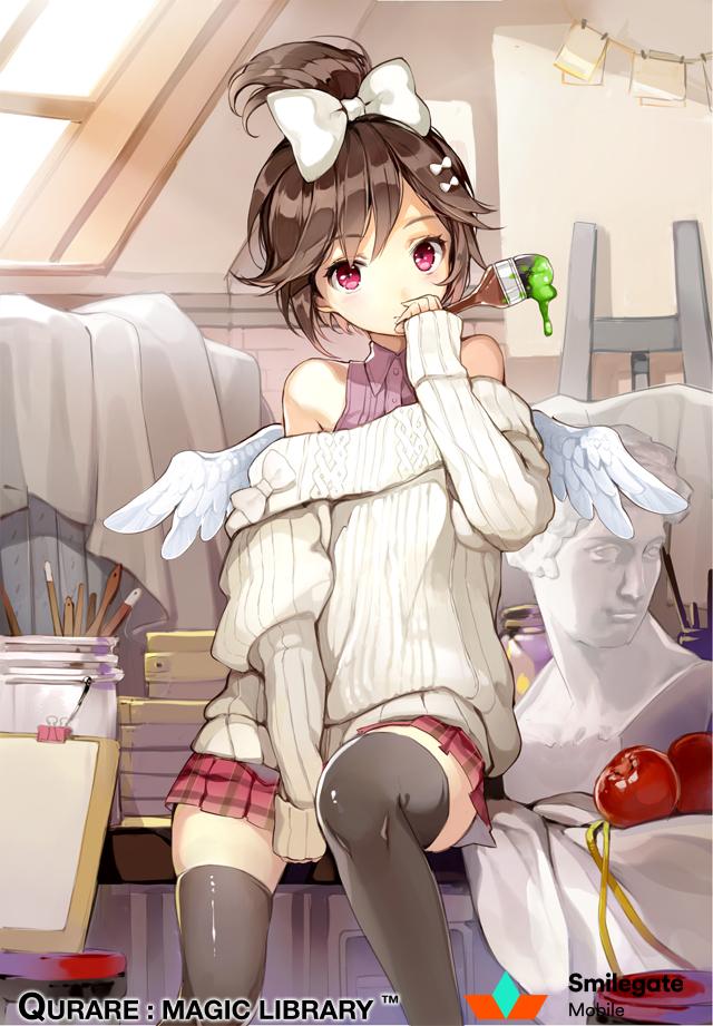 1girl, apple, bare_shoulders, between_legs, black_legwear, blush, bow, brown_hair