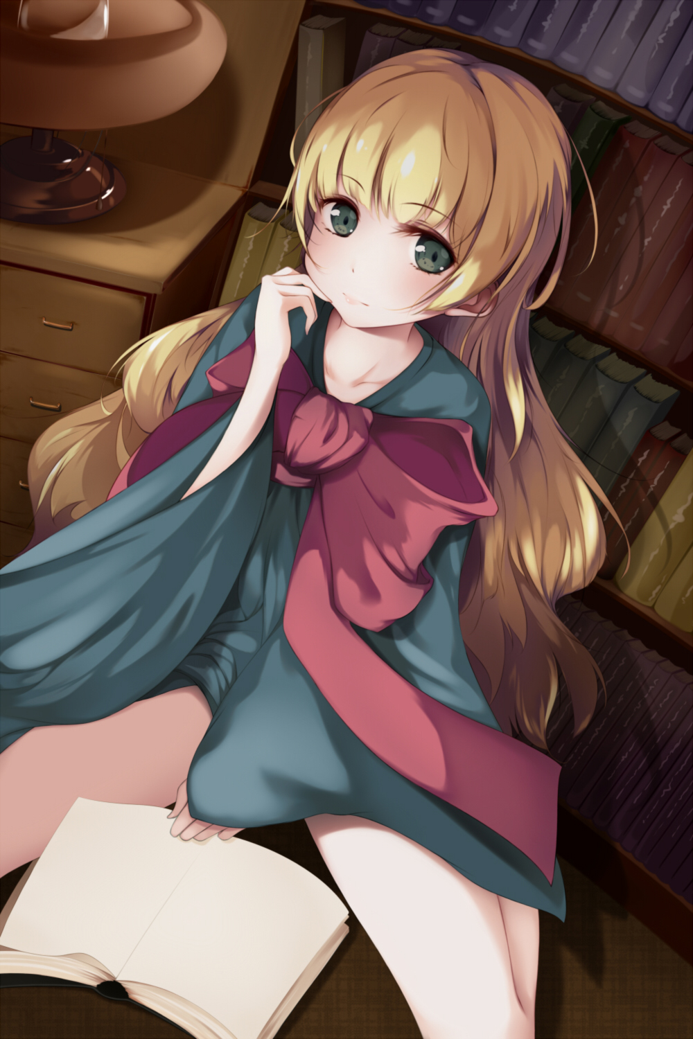 1girl, alternate_costume, blonde_hair, blush, book, bookshelf, bow, chest_of_drawers