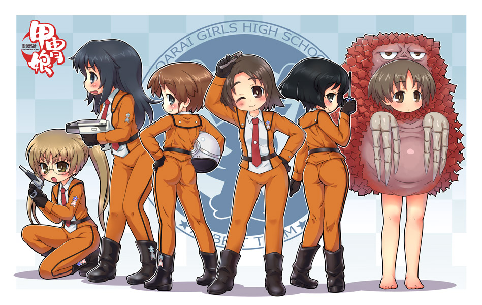 6+girls, ass, bangs, black_boots, black_eyes, black_gloves, black_hair, blue_eyes