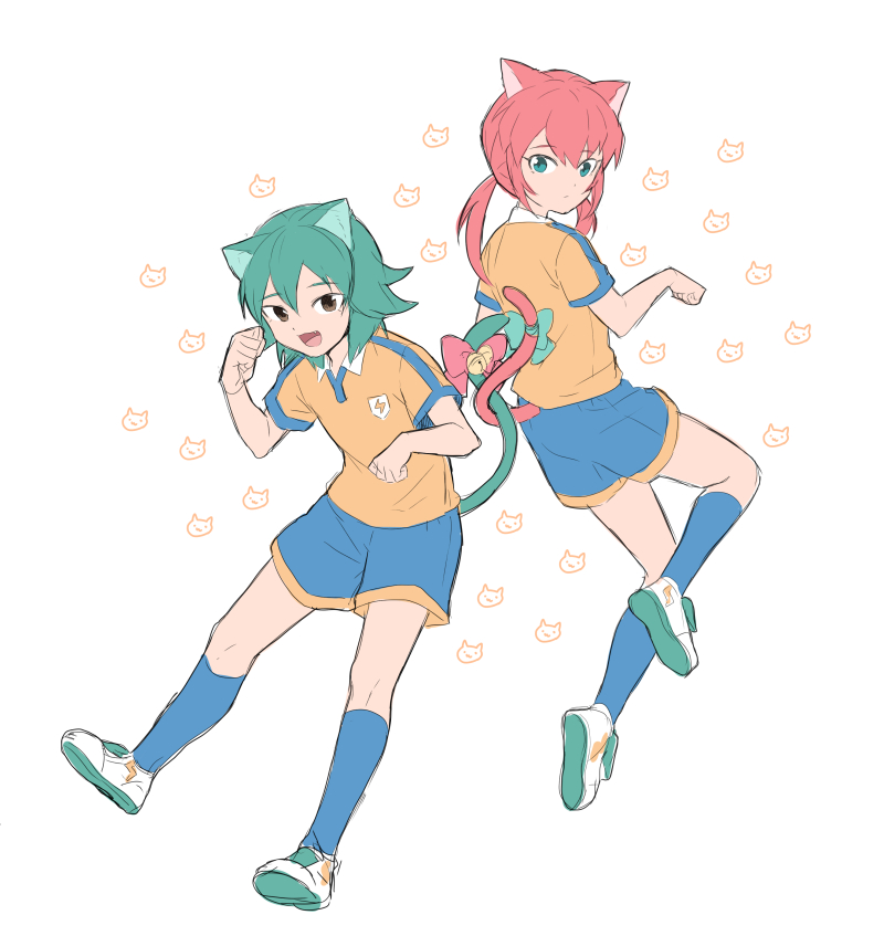 2boys, animal_ears, aqua_eyes, bell, cat_ears, cat_tail, fang, green_hair