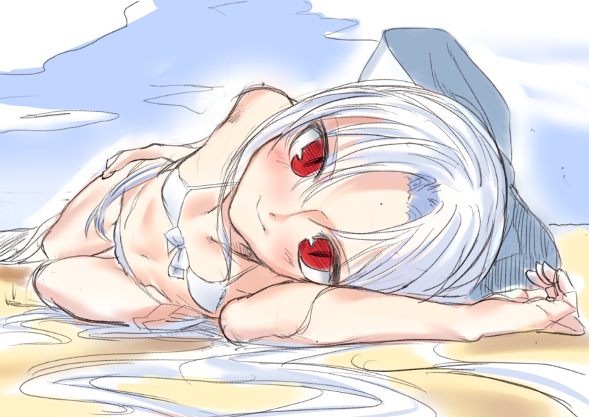 1girl, beach, bikini, blush, bow, flat_chest, hair_bow, haraguro_jakku