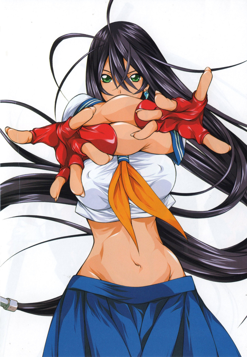 bangs, black_hair, breasts, crop_top, crossed_arms, earrings, erect_nipples, fingerless_gloves