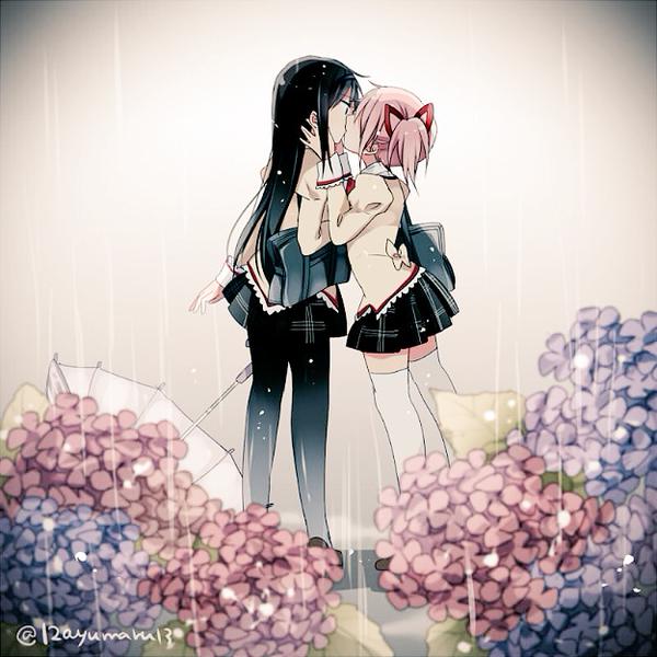 2girls, akemi_homura, ayumaru_(art_of_life), bag, black_hair, black_legwear, flower, from_side