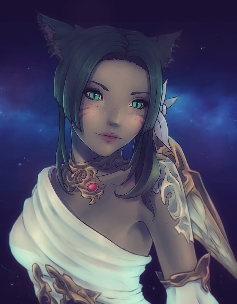 1girl, animal_ears, black_hair, cat_ears, facial_mark, final_fantasy, final_fantasy_xiv, freckles