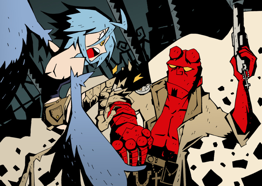 1boy, 1girl, battle, black_hair, blue_hair, blue_wings, cross, crossover