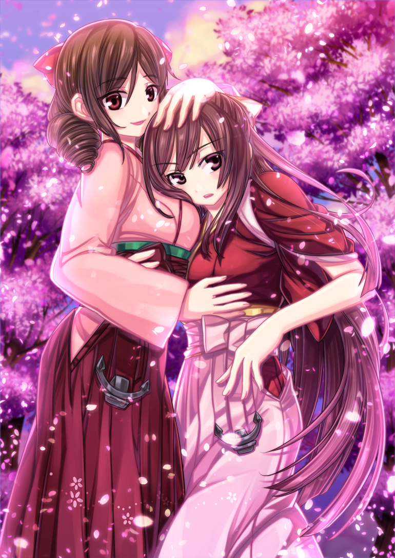 2girls, brown_eyes, brown_hair, cherry_blossoms, drill, drill_hair, hakama, hand_on_head