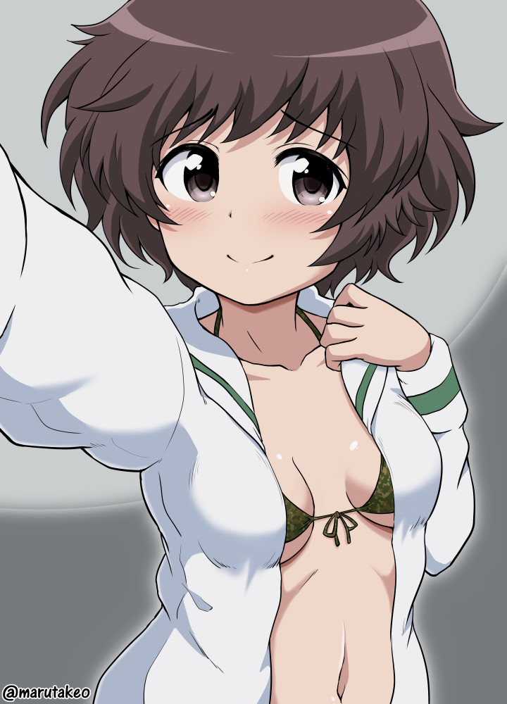 1girl, akiyama_yukari, artist_name, bra, brown_eyes, brown_hair, camouflage, camouflage_bra