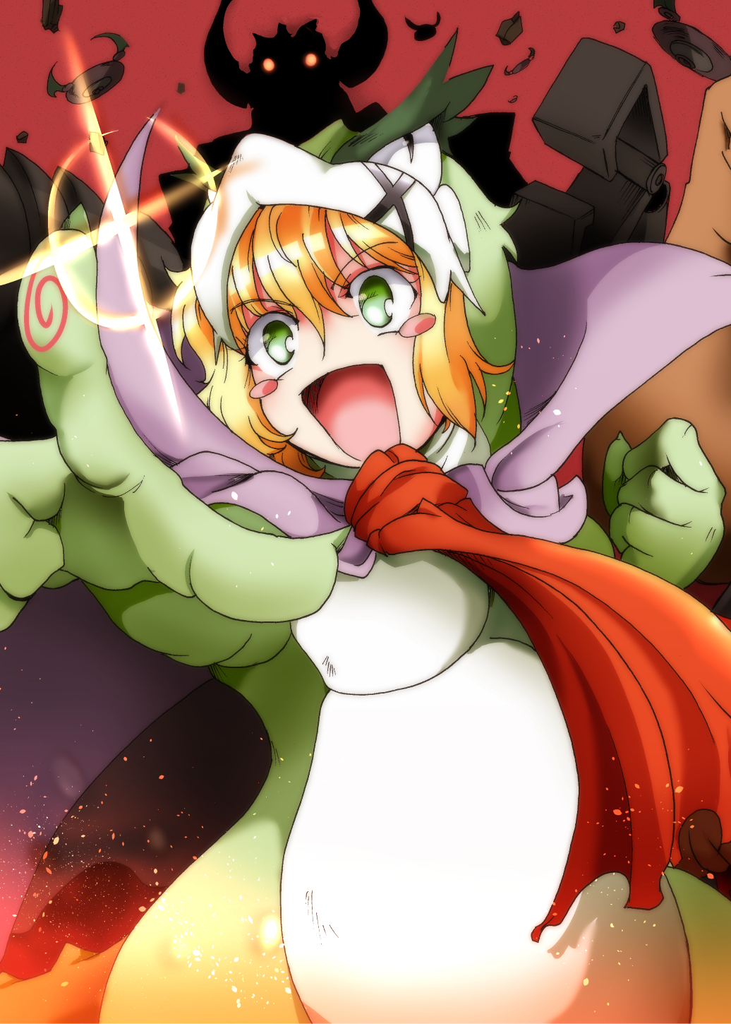 akatsuki_kirika, blonde_hair, blush_stickers, cape, cravat, highres, pointing, senki_zesshou_symphogear, suga_leon, toka_(wild_arms), toka_(wild_arms)_(cosplay), wild_arms, wild_arms_2