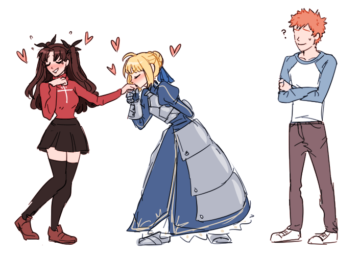 1boy, 2girls, ?, armor, armored_dress, artoria_pendragon_(all), blonde_hair, blush, brown_hair, closed_eyes, crossed_arms, dashingicecream, emiya_shirou, fate/stay_night, fate_(series), hand_kiss, heart, kiss, multiple_girls, no_eyes, orange_hair, saber, skirt, smile, sweat, thigh-highs, tohsaka_rin, toosaka_rin, yuri