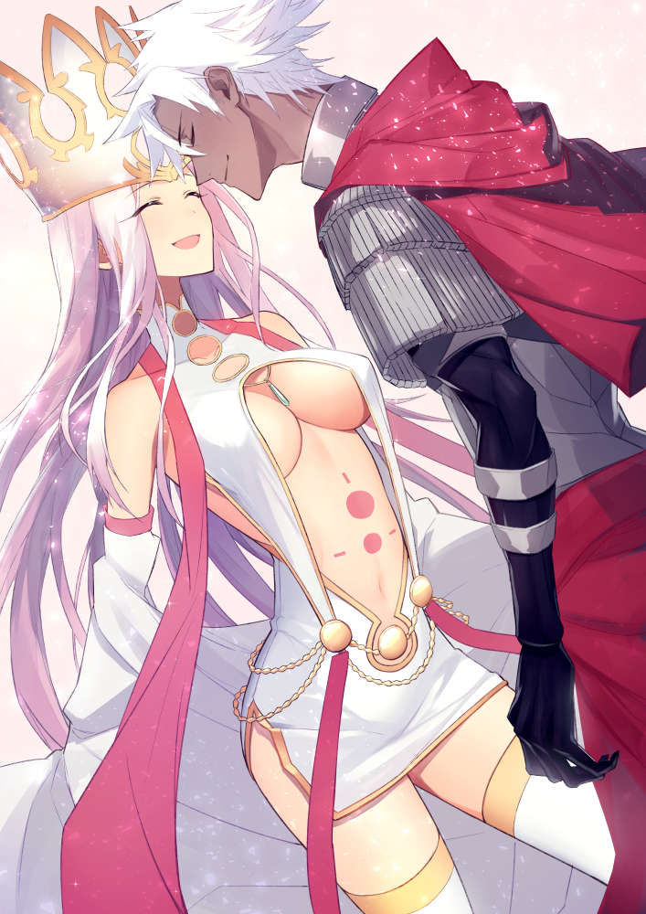 1boy, 1girl, bare_shoulders, breasts, center_opening, closed_eyes, commentary_request, crown, dark_skin, dress, dress_of_heaven, emiya_kiritsugu, fate/grand_order, fate/zero, fate_(series), hood, husband_and_wife, irisviel_von_einzbern, large_breasts, legacy_zechs, long_hair, short_dress, short_hair, silver_hair, smile, thigh-highs, under_boob