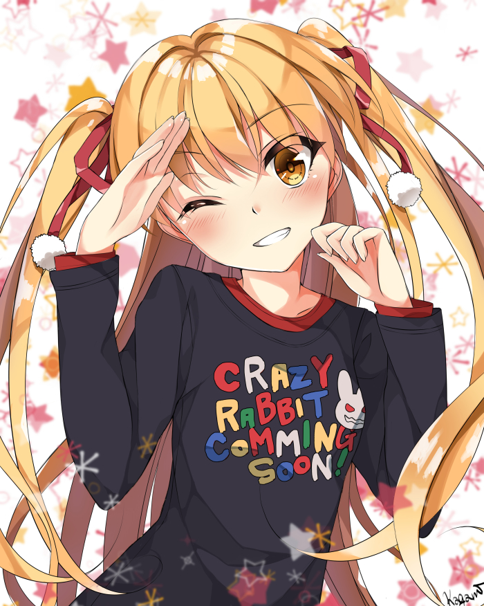 1girl, blonde_hair, blush, clothes_writing, engrish, grin, hair_ribbon, head_tilt
