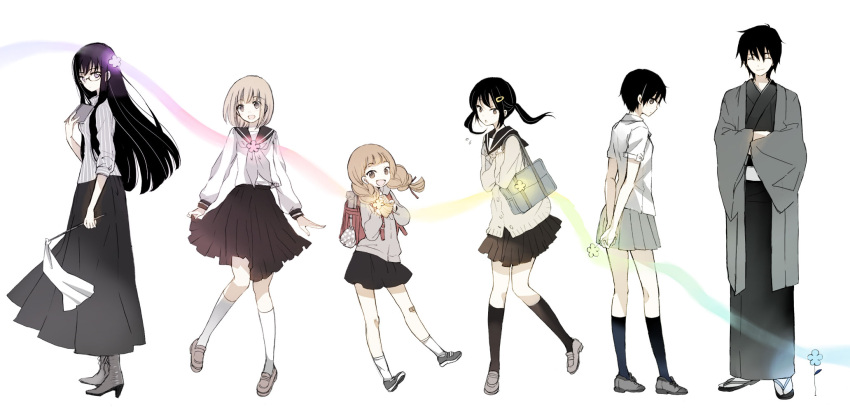 1boy, 5girls, :d, :o, ^_^, age_difference, arms_behind_back, asakura_sakura_(himawari-san)