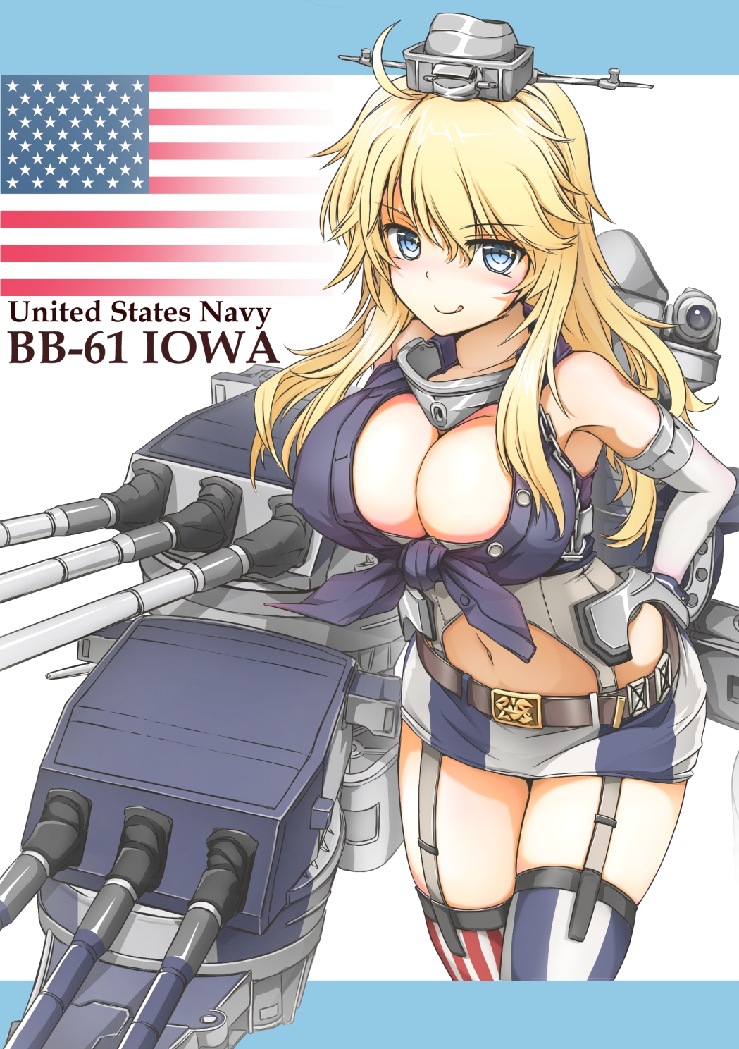 1girl, ahoge, american_flag, bare_shoulders, blonde_hair, blue_eyes, breasts, character_name