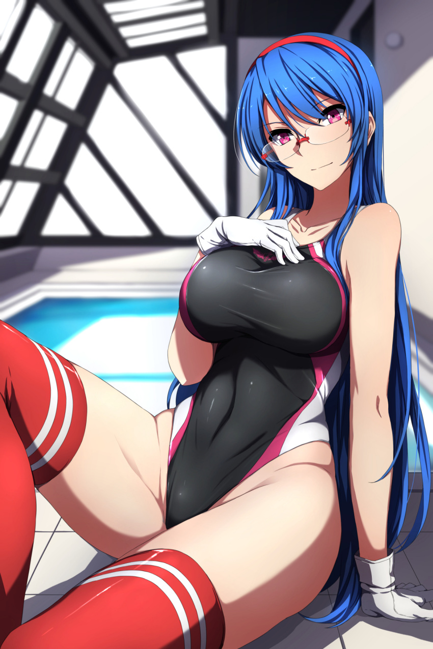 1girl, blue_hair, breasts, competition_swimsuit, gakuen_taisen_valkyries, glasses, highres, large_breasts