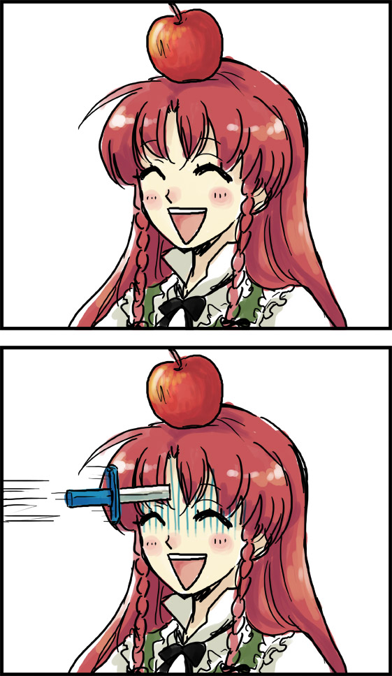 :d, apple, braid, chinadress, closed_eyes, comic, eeyasu, food, fruit, gloom_(expression), hong_meiling, knife, knifed, long_hair, open_mouth, red_hair, redhead, ribbon, silent_comic, smile, touhou, twin_braids, william_tell