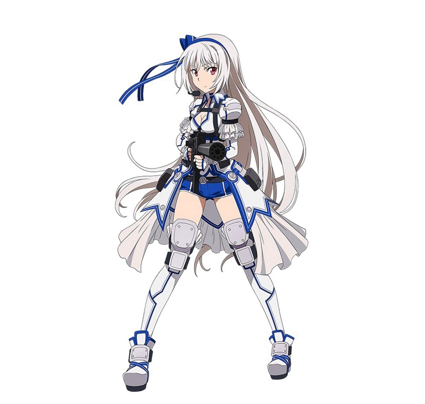 1girl, armor, blue_ribbon, blue_shorts, breasts, character_request, cleavage, gatling_gun