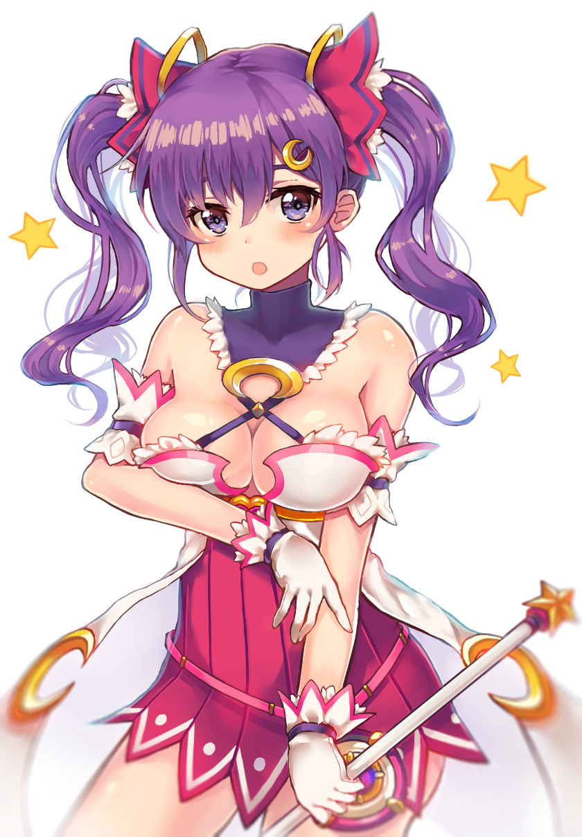 1girl, :o, aisha_(elsword), breasts, cleavage, cowboy_shot, crescent, crescent_hair_ornament