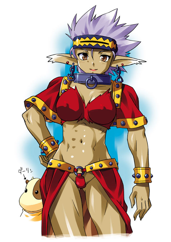 abs, breasts, brown_eyes, chain, collar, dark_skin, darlin_(grandia), earrings, grandia, grandia_i, hand_on_hip, jewelry, looking_at_viewer, milda, muscle, nal, pointy_ears, purple_hair, short_sleeves, smile