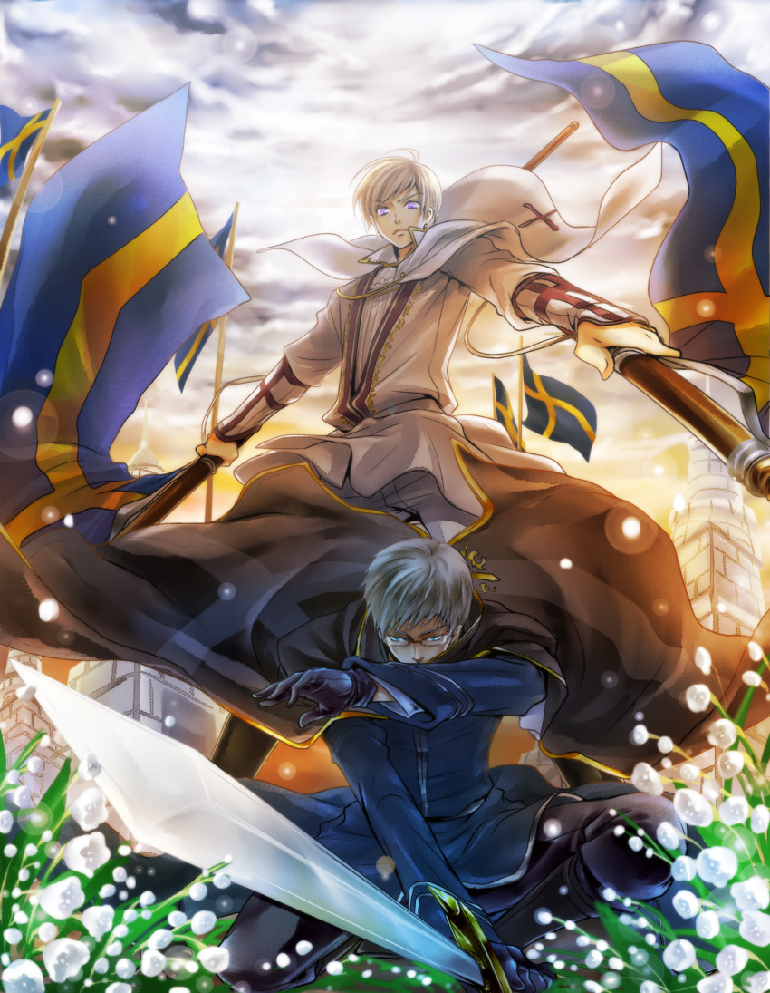 asato_(anjam), axis_powers_hetalia, blonde_hair, blue_eyes, cape, cloud, clouds, finland_(hetalia)