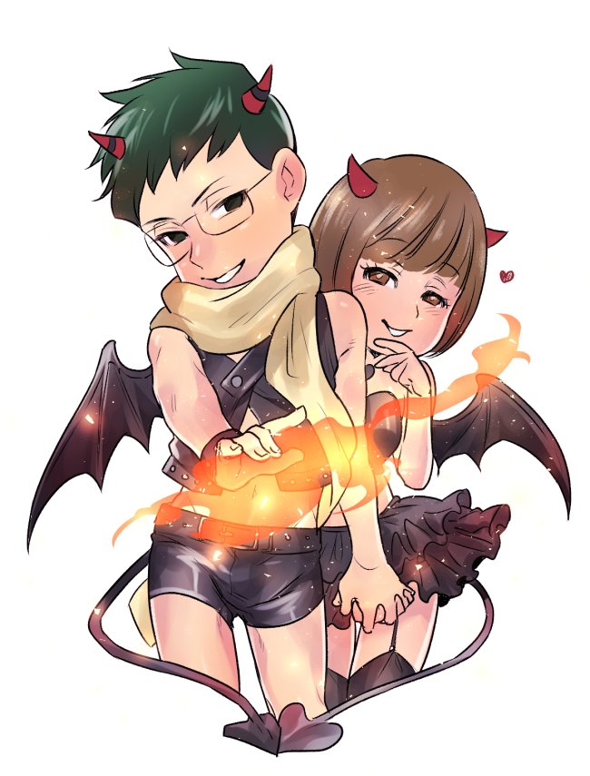 1boy, 1girl, couple, cropped_jacket, demon_horns, demon_tail, demon_wings, fire