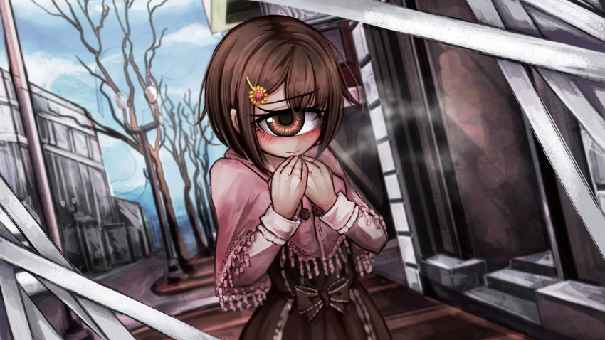 1girl, bare_tree, blush, brown_eyes, brown_hair, capelet, cyclops, hair_ornament