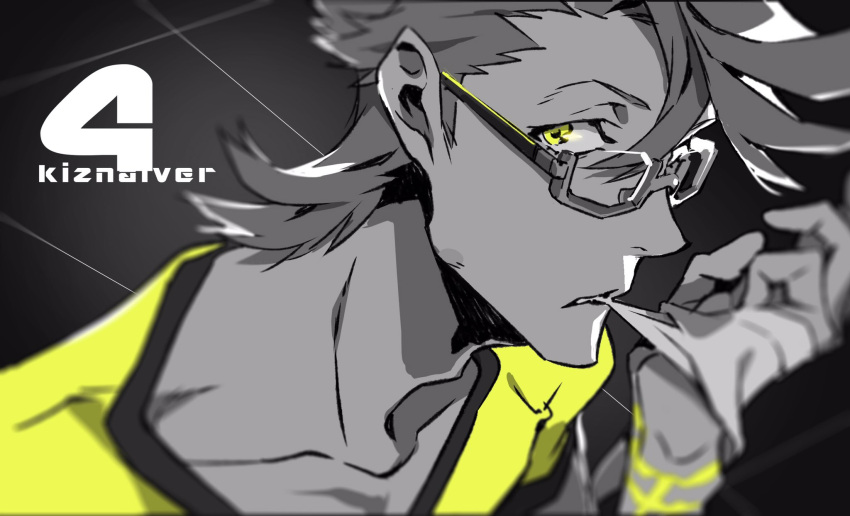 1boy, copyright_name, glasses, highres, kiznaiver, looking_at_viewer, male_focus, monochrome, mouth_hold, number, scar, shirt, solo, spot_color, t-shirt, tenga_hajime, upper_body, yellow_eyes, yoneyama_mai