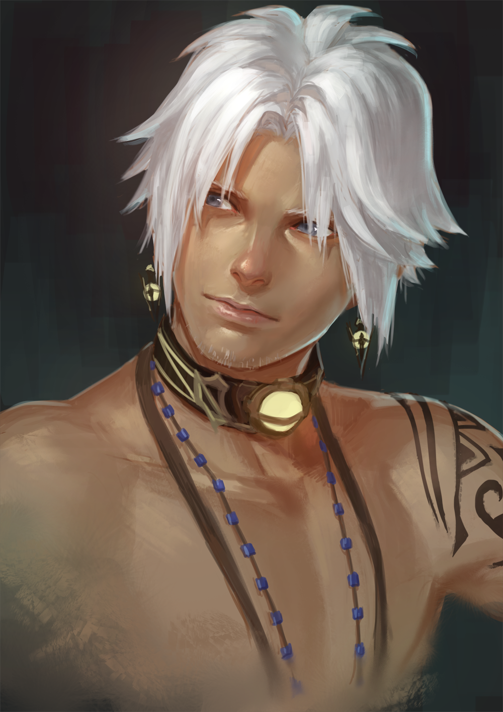 1boy, blue_eyes, collar, dark_skin, earrings, facial_hair, final_fantasy, final_fantasy_xiv