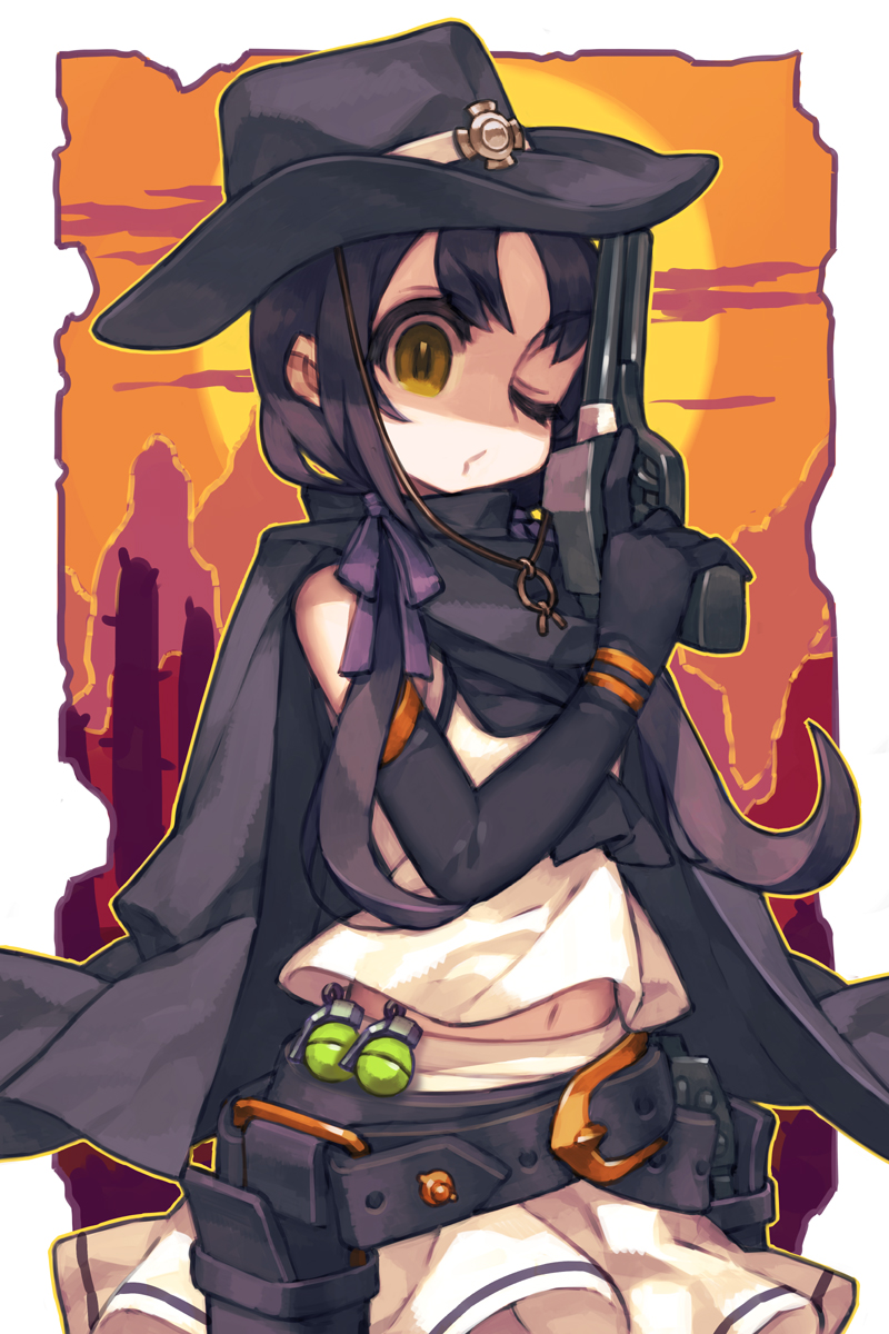 1girl, belt, blue_hair, cape, cowboy_hat, cowboy_shot, desert, elbow_gloves