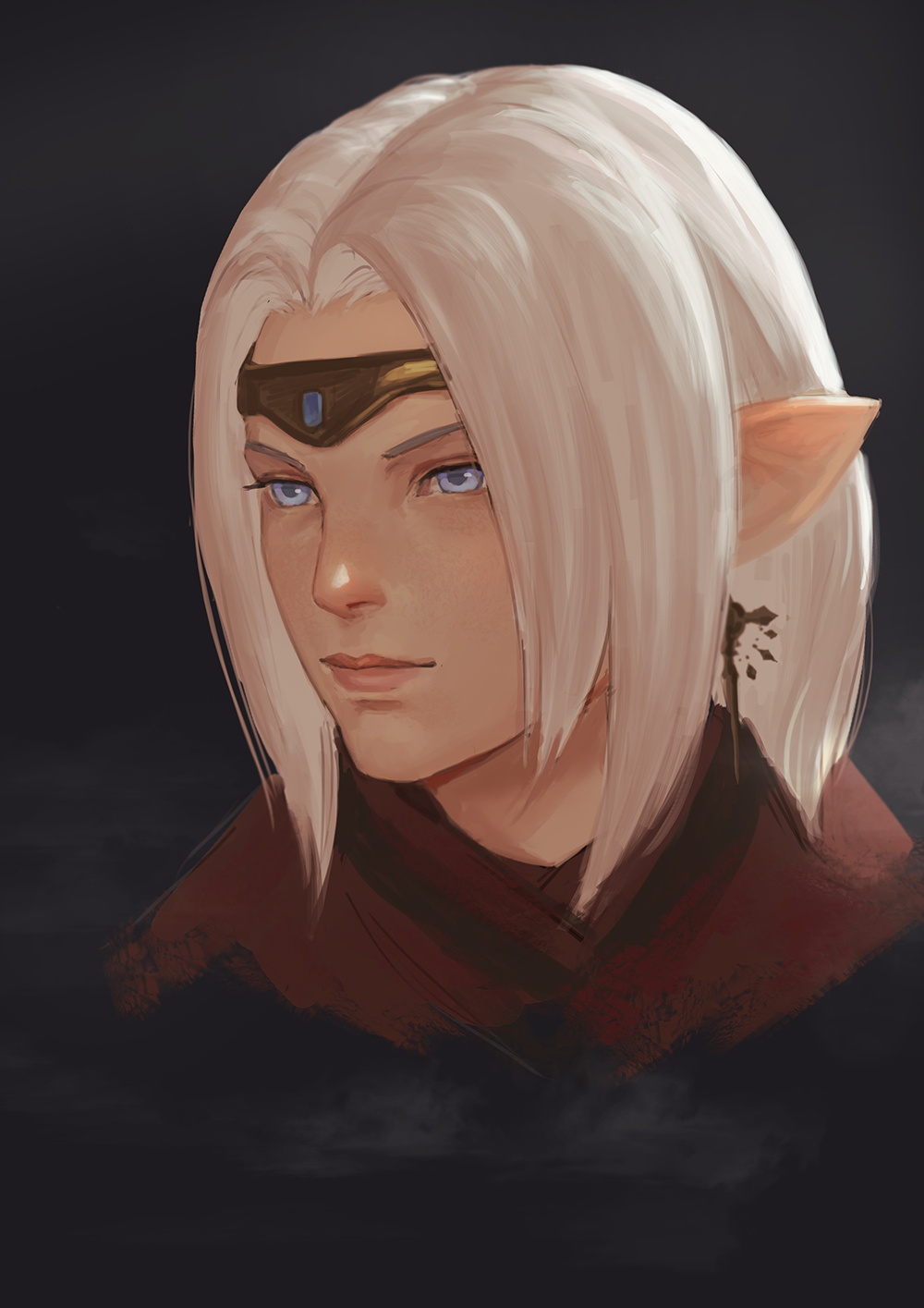 androgynous, circlet, earrings, elezen, elf, face, final_fantasy, final_fantasy_xiv, highres, jewelry, lavender_eyes, pointy_ears, skyfiss, solo, white_hair